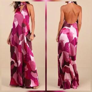 Lulus Prime Poise Pink Multi Abstract Satin Halter Maxi Dress, Size Large